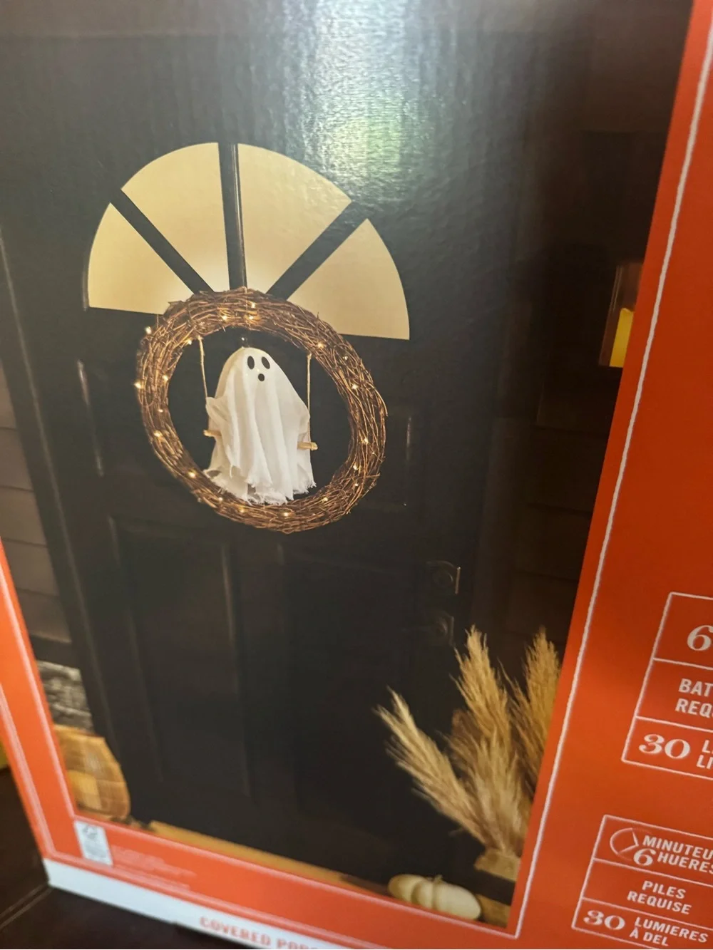 Martha Stewart Brown Grapevine LED Wreath with White Hanging Ghost